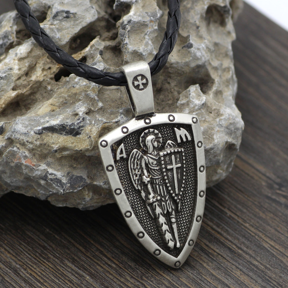 St. Michael the Archangel shield pendant necklace, ancient silver – front
