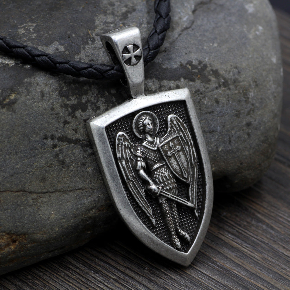 St. Michael the Archangel shield pendant necklace, ancient silver – close-up