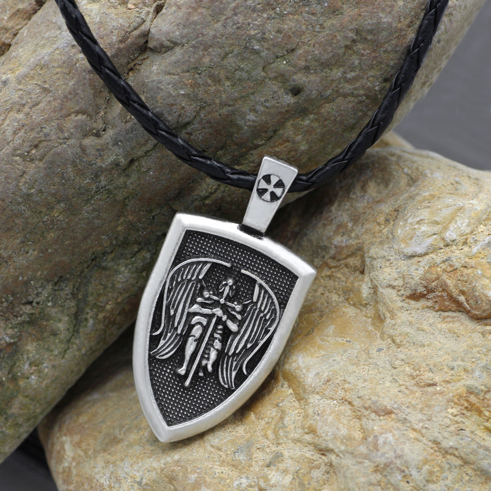 St. Michael the Archangel shield pendant necklace, ancient silver – angled view