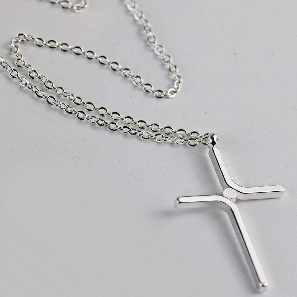 Simple titanium steel cross necklace, silver – on silver chain