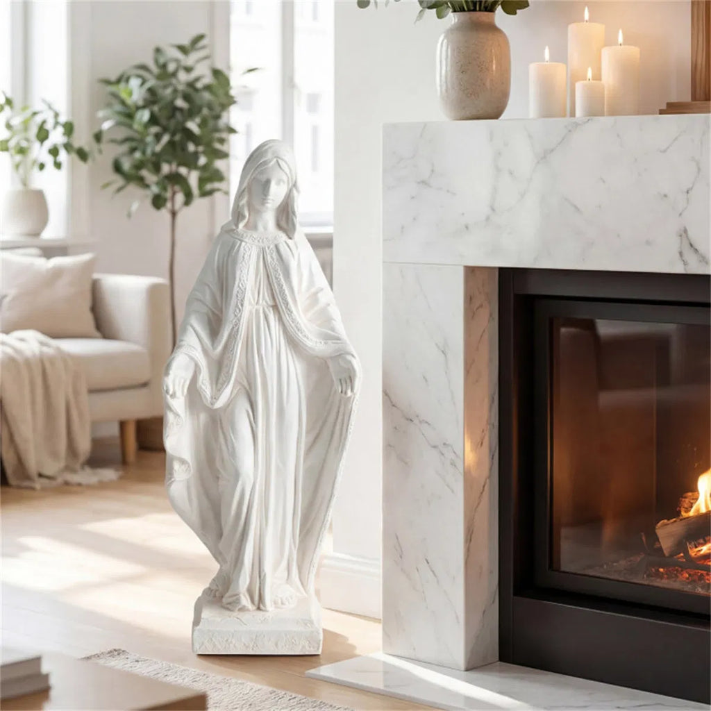 31.5 inch white Virgin Mary garden statue – indoors by fireplace