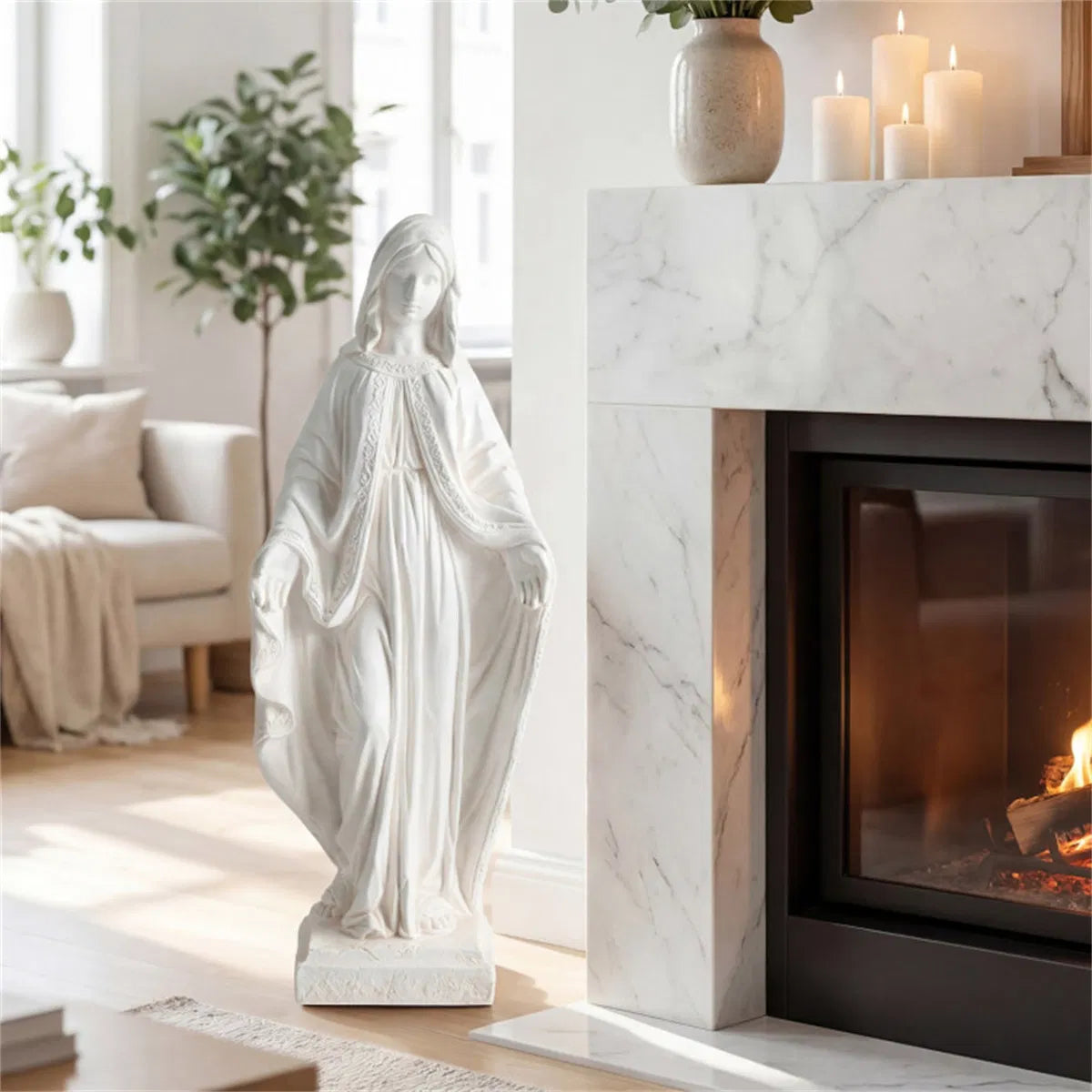 31.5 inch white Virgin Mary garden statue – indoors by fireplace