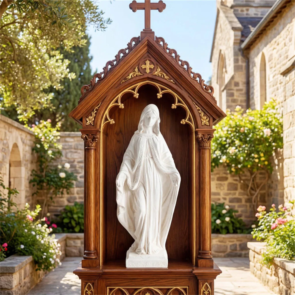 31.5 inch white Virgin Mary garden statue – in outdoor shrine
