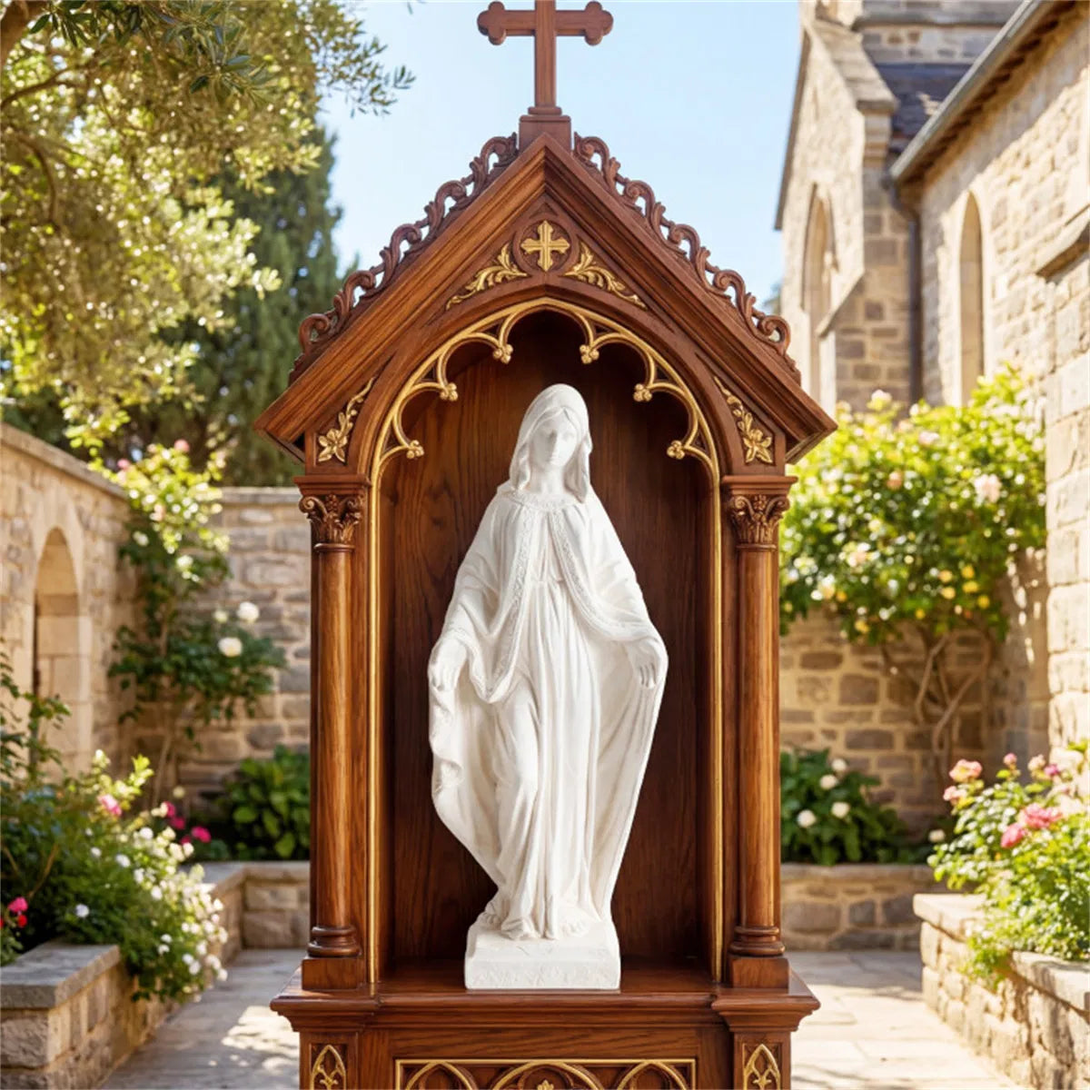 31.5 inch white Virgin Mary garden statue – in outdoor shrine