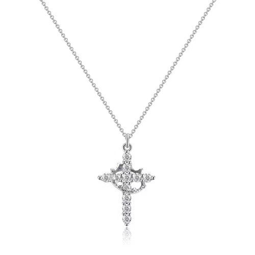 Crown cross necklace with sparkling stones, silver – front view