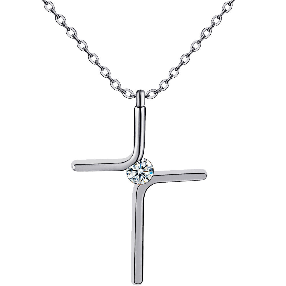 Simple titanium steel cross necklace, silver – front view