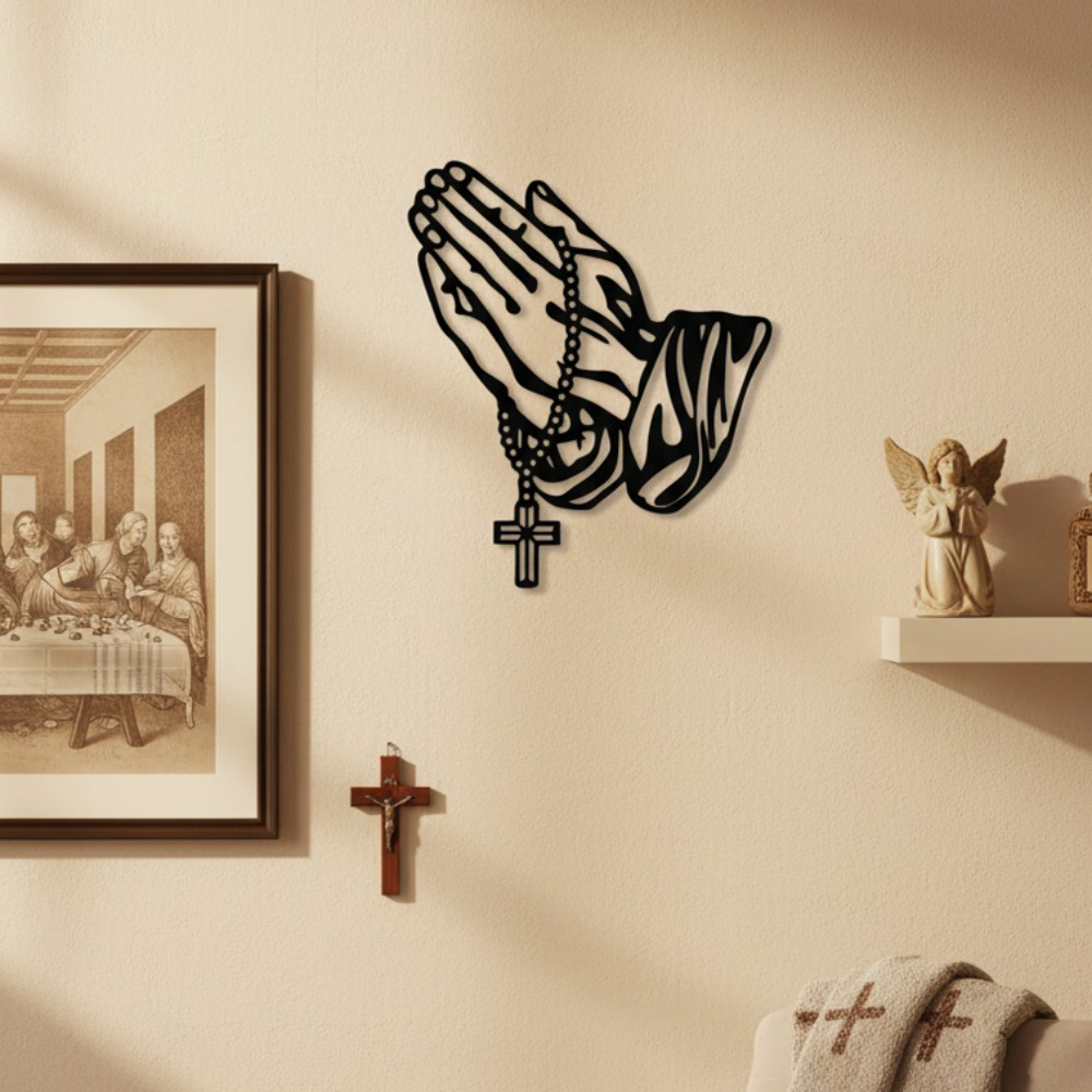 Black metal praying hands with rosary and cross wall art – in prayer corner