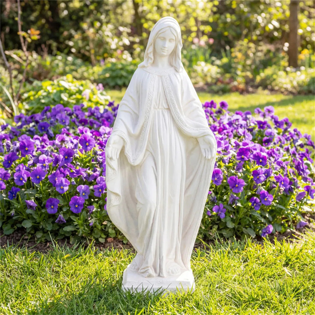 31.5 inch white Virgin Mary garden statue – in garden