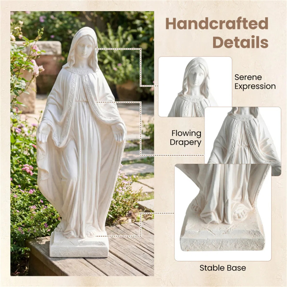 31.5 inch white Virgin Mary garden statue – handcrafted details