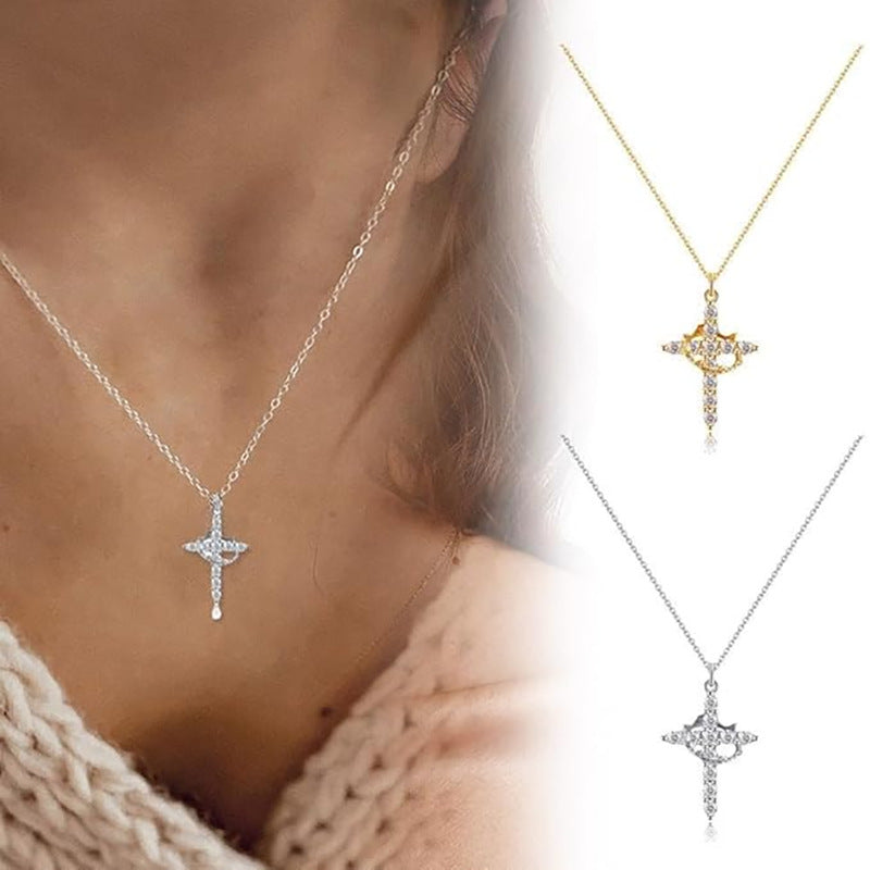 Crown cross necklace, silver – worn (gold version also pictured)