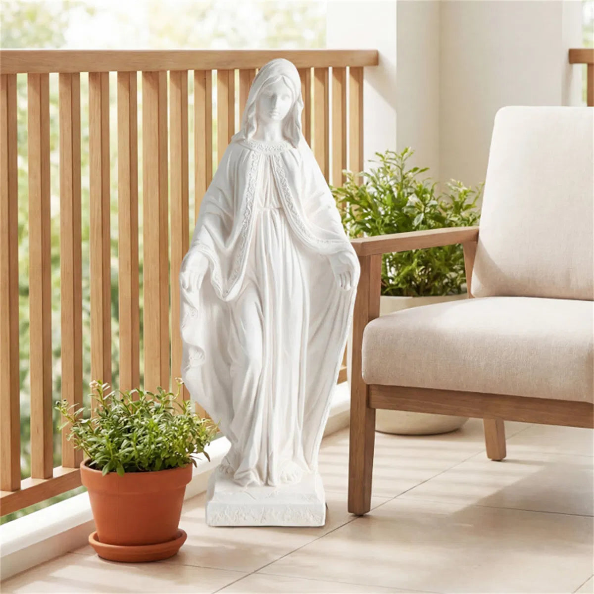 31.5 inch white Virgin Mary garden statue – on patio